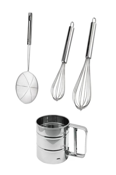 RoseRoi Çelik Kevgir - Çırpıcı - Un Eleği Seti 4'lü Set