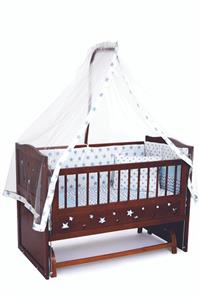 bamgidoo Ceviz Ahşap Yıldızlı 3 Kademeli Anne Yanı Beşik 60x120 - Kck Mavi Uyku Setli + Soft Yataklı