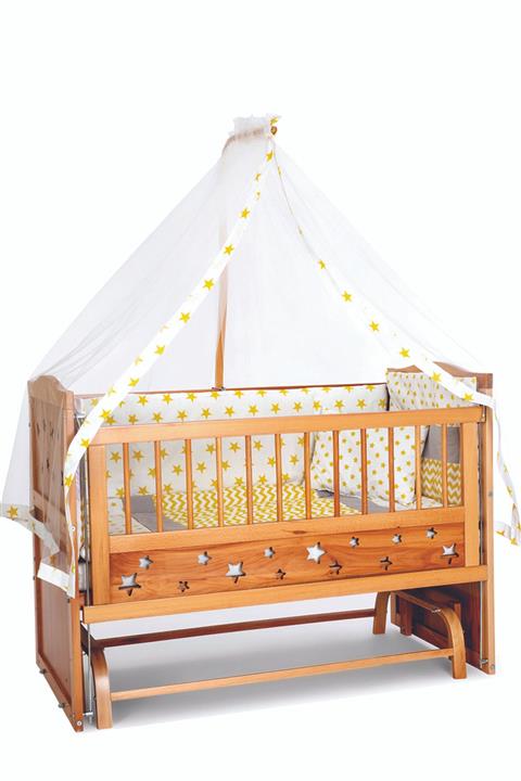 bamgidoo Doğal Ahşap Yıldızlı 3 Kadameli Anne Yanı Beşik 60x120-Zikzak Sarı Uyku Setli Ortapedik Yataklı