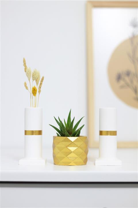 LOREMY Beton Saksı Ve Mumluk 3'lü Set Beyaz-gold Şerit Mumluk-şamdan-kurubitki