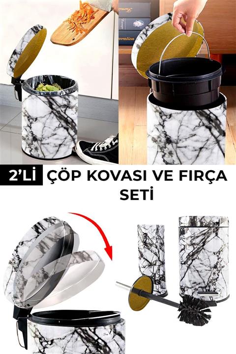 Helen's Home 5 Litre Pedallı Çöp Kovası Ve Tuvalet Fırçası Seti Mermer Desen Banyo Seti Beyaz