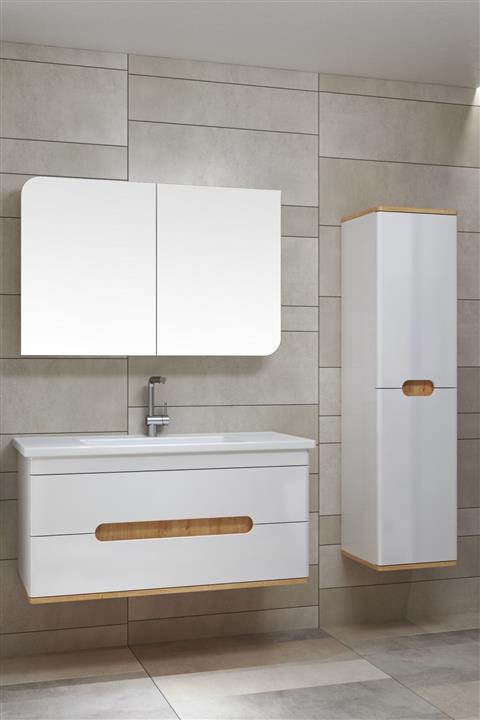 Alfa Banyo Perla (100+35) 135 cm Boy Dolaplı Lüx Banyo Takımı Safir Meşe