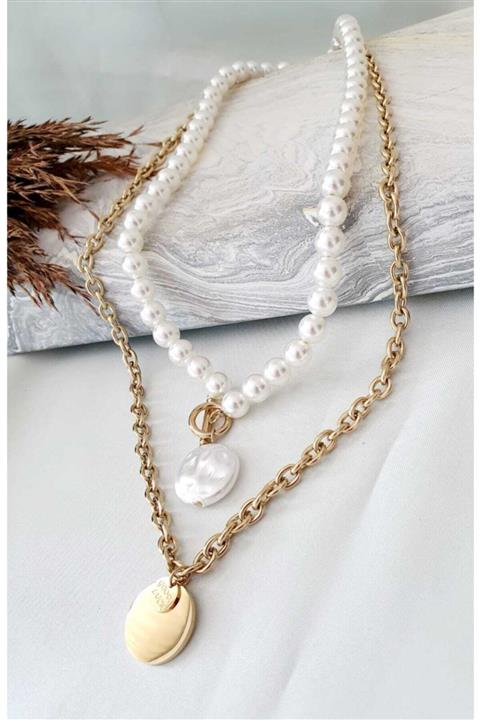 NTD NİLİNTAKIDÜKKANI Çelik Gold Renk Inci Detaylı Ikili Kolye