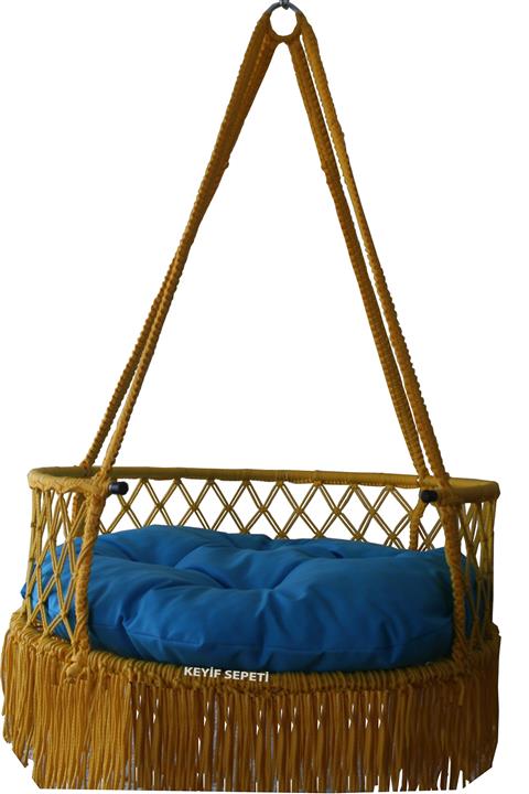 KEYİF SEPETİ 80'lik Püsküllü Davul Salıncak Sarı Lacivert Minderli