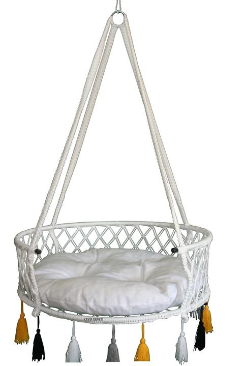 KEYİF SEPETİ 80'lik Renkli Püsküllü Davul Salıncak ( Beyaz ) Beyaz Minmderli