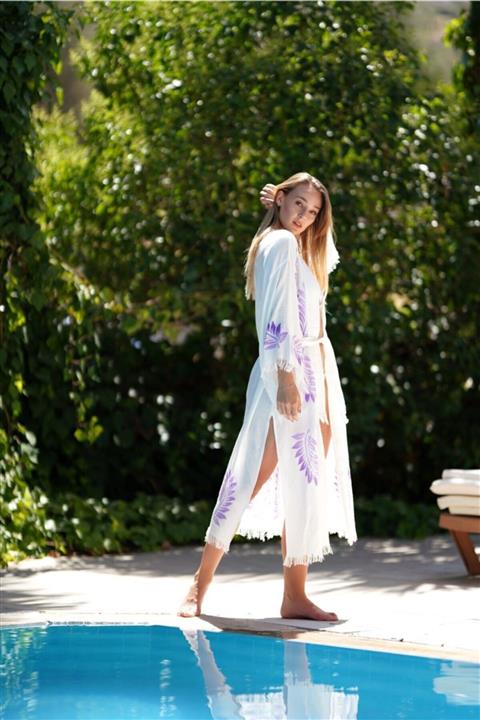 WOMELLA Cıcero Style / Bambu & Pamuk, Lavanta Tonlar Ağaç Kalıp Baskılı, Klasik Uzun Kimono