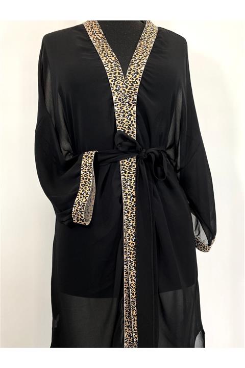 Senem Neyiş Özel Tasarım Siyah Leopar Desenli Kuşaklı Kimono
