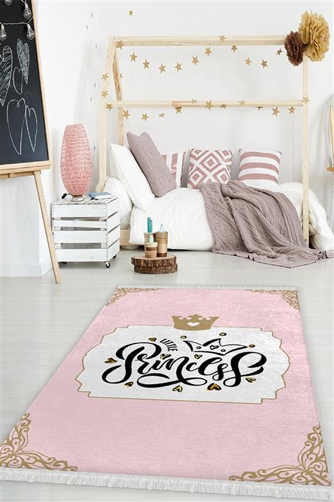 KIVIRCIK HALI Yıkanabilir Pamuk Taban Saçaklı Prenses Yazılı Çocuk Şönil Kilim Halı 80x300 Is-815-a