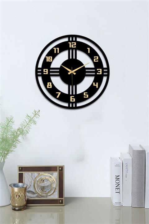stilinbu Siyah Hediyelik Ahşap Dekoratif Latin Rakamlı Gold Renk Aynalı Duvar Saati (41x41cm)