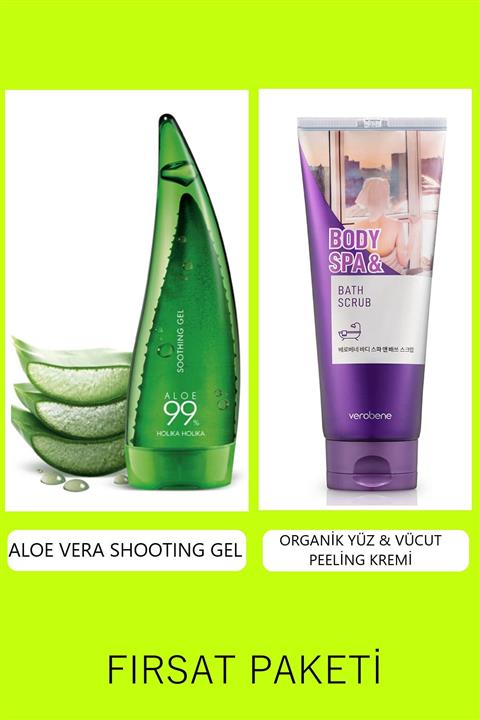 VEROBENE Holika Holika Aloe Vera Jeli 99% Soothing Gel 250ml+ Organik Yüz Vücut Peeling Kremi 200ml