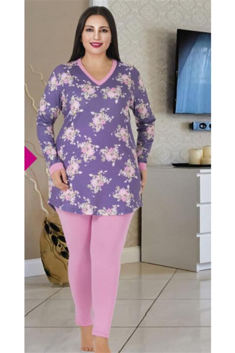 Nil İç Giyim Mor Büyük Beden Çiçek Desen Uzun Kol Pijama Takımı