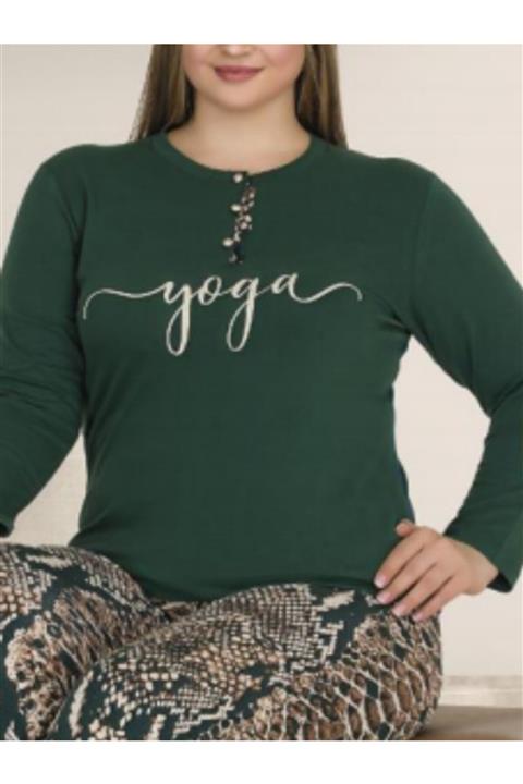 Nil İç Giyim Nil Yeşil Büyük Beden Yılan Desen Uzun Kol Pijama Takımı