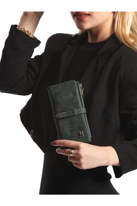 baellerry Yeni Moda Uzun Model Kadın Nubuk Deri Cüzdan Yeşil