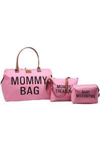 Babysi Mommy Bag Exclusive Tasarımı 3'lü Set Pembe Baby Anne Bebek Bakım ve Kadın Çantası