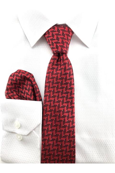 PİERRONİ Kırmızı Siyah Desenli Mendilli Kravat