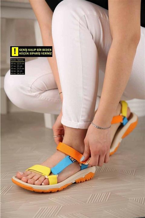 McDark Kadın Sarı Turuncu Mavi Cırtlı Düz Taban Sandalet