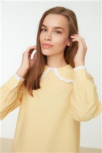 Trendyol Modest Sarı Çizgili  Kol Ve Yaka Ucu Fırfırlı Geniş Yaka  Tunik TCTSS22TN0012