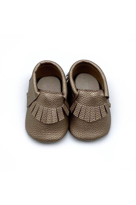 furomebebe Kız Bebek Parlak Gold Renk El Yapımı Püsküllü Makosen Ayakkabı