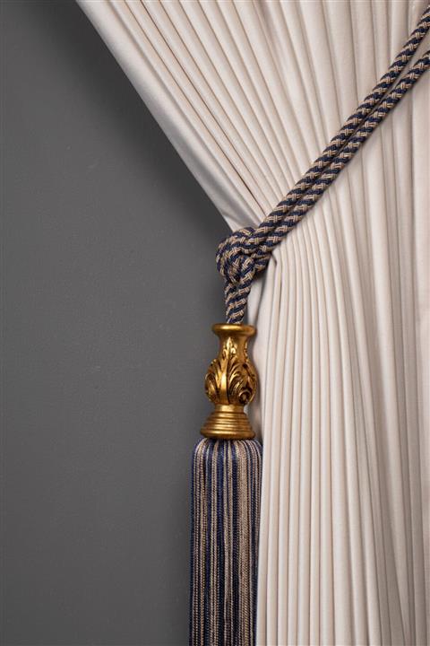 Saççax Exclusive Lacivert Ve Vizon Renk Altın Karot Detaylı Fon Perde Bağı Bambu Barok Püsküllü Braçol
