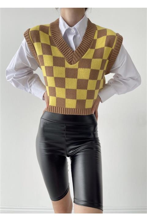 DİMMİ WOMEN V Yaka Damalı Süveter