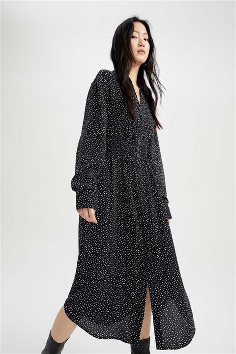 DeFacto Regular Fit Desenli V Yaka Maxi Elbise
