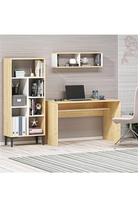 DemonteDekor College Çalışma Masası + Kitaplık Takım Safir Meşe-beyaz
