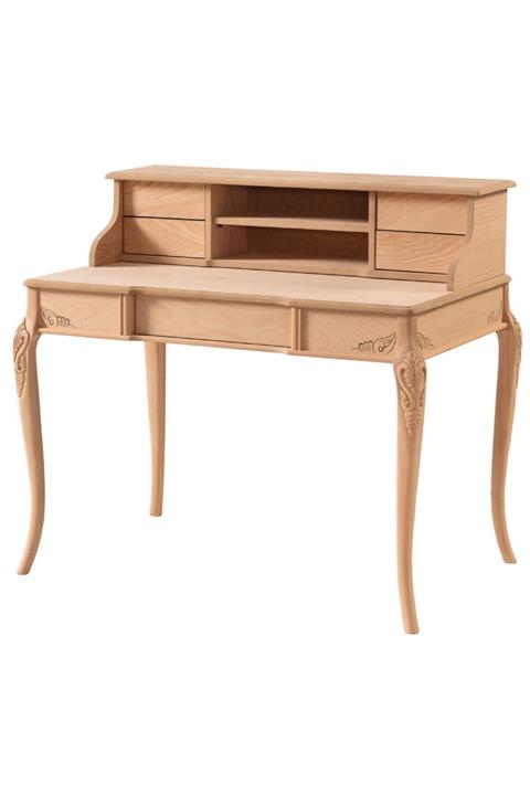 Bendegan Lale Oymalı Raflı Çalışma Masası Ham Cilasız Ahşap