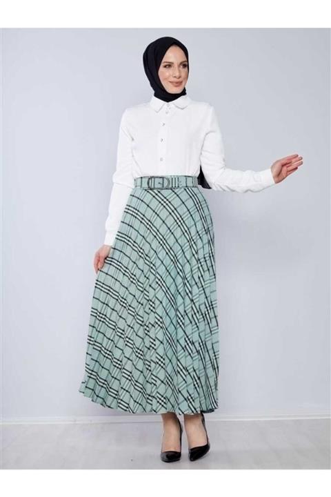 BURCU TESETTÜR Kadın Mint Kemer Detaylı Ekoseli Kloş Etek Hzl3051-1