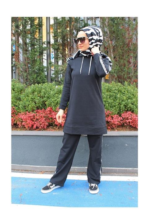 CNG MODA Kadın Siyah Kapüşonlu Kol Şeritli Eşofman Takımı M