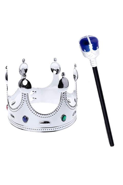 See Me Çocuk Boy Gümüş Renk Kral Tacı ve Mavi Topuzlu Kral Asası