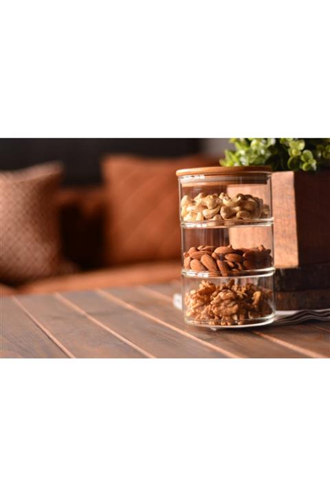 3ER Bambu Kapaklı 3 Katlı Cam Saklama Kabı