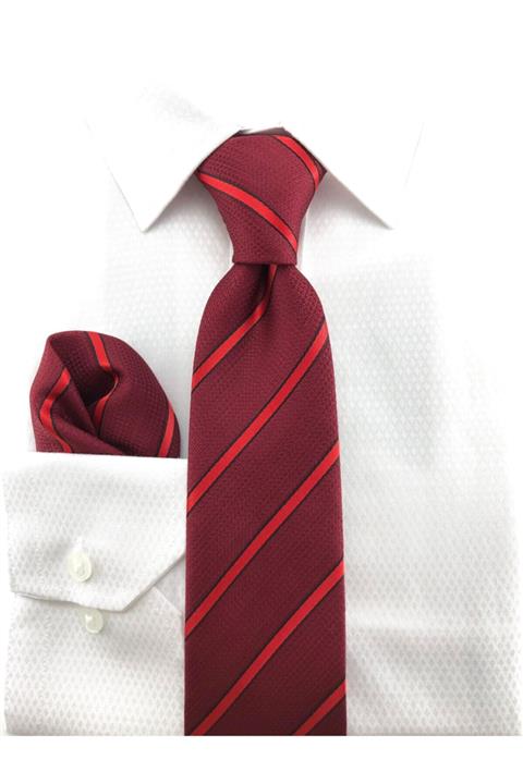 PİERRONİ Bordo Kırmızı Çizgili Mendilli Kravat