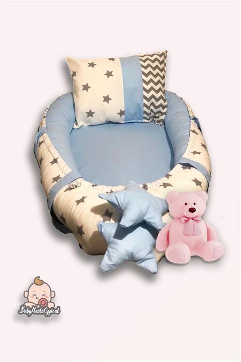 BABYNESTSOFFİCİAL Mavi Beyaz Babynest- Bebek Yatağı Tasarım Organik Pamuklu