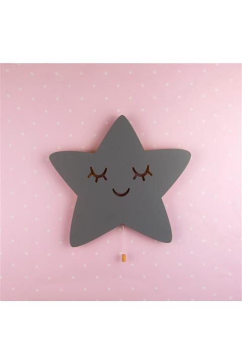 woodcas Çocuk Odası Dekoratif Gri Ahşap Yıldız Gece Lambası, Led Aydınlatma