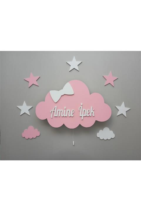 Babystasarım Ahşap Ledli Pembe & Beyaz Bulut Set Çocuk Odası Gece Lambası Aydınlatma