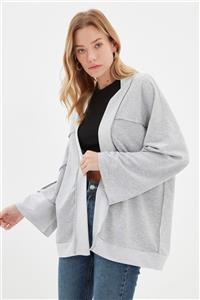 TRENDYOLMİLLA Gri Dikiş Detaylı Oversize İnce Örme Hırka TWOAW22HI1123