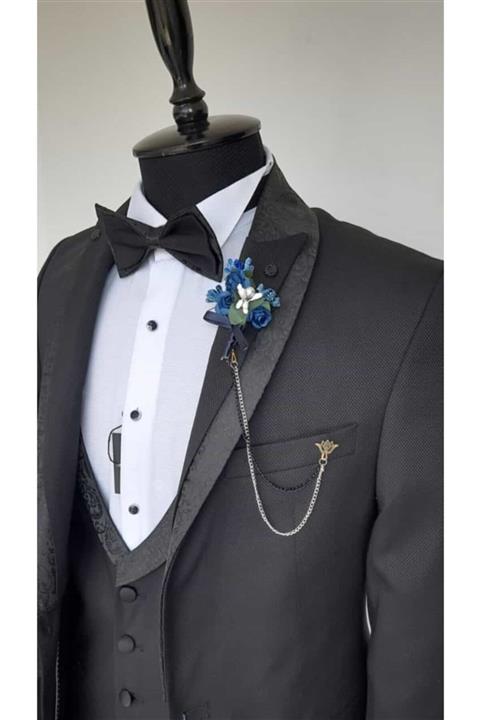 Vakamen Erkek Siyah  Damatlık Yelekli Slim Fit Takım Elbise