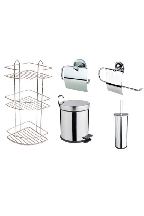 RENKYAPI Evlilik Paketi 5lt Çöp Kovası + 3 Katlı Raf + Havluluk + Kağıtlık + Fırça 5 Takım Banyo Takımı