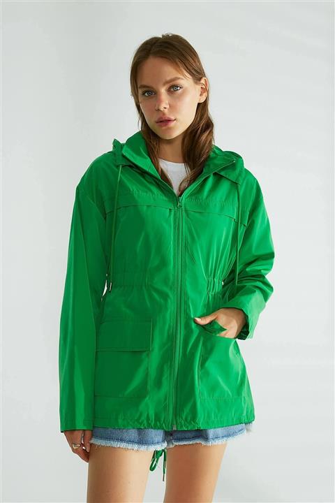 MOODAY Kapüşonlu Cep Detaylı Ince Mont Yeşil