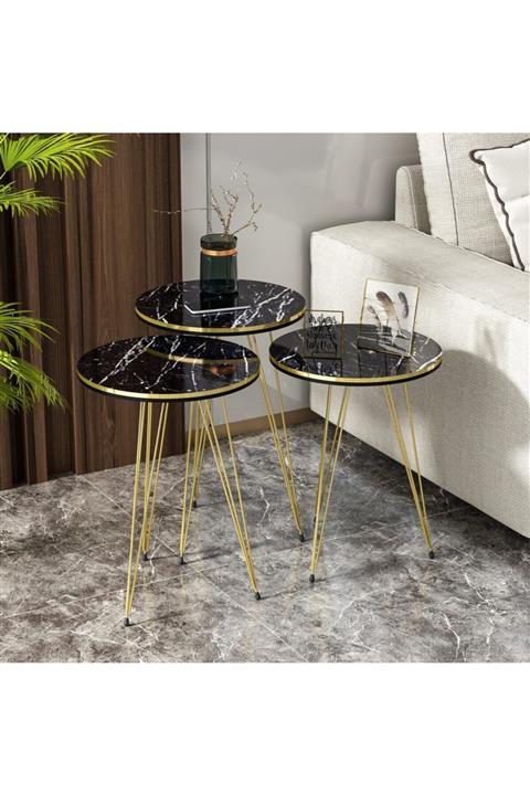 boss home concept Siyah Mermer Çift Gold 3,lü Zigon Sehpa