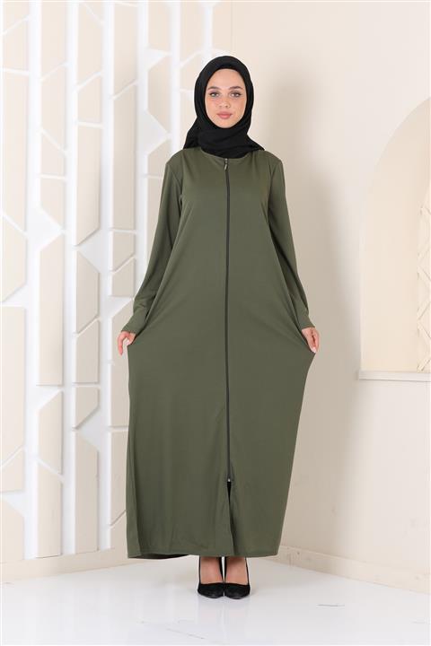 Bemol Fermuarlı Ferace Namaz Elbisesi Haki