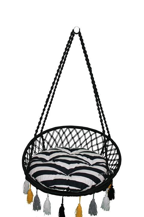 KEYİF SEPETİ Renkli Püsküllü Relaks Salıncak Siyah ( Siyah Beyaz Minderli )