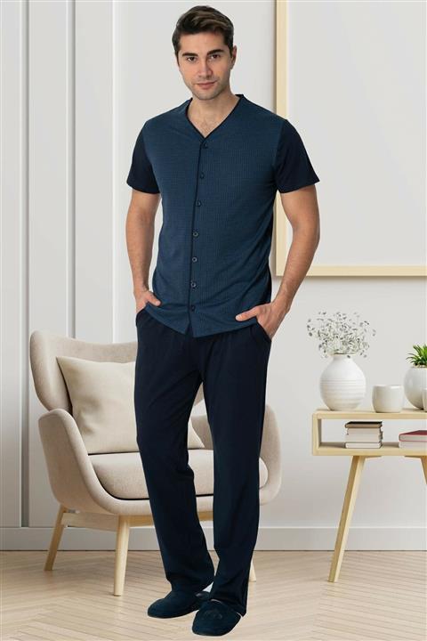 By Mecit Pijama Indigo Önden Düğmeli Büyük Beden Erkek Pijama Takımı