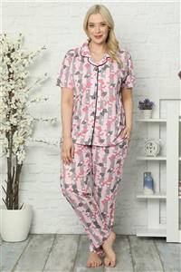 Moda Çizgi Kadın Pamuklu Cepli Kısa Kol Büyük Beden Pijama Takım 202027