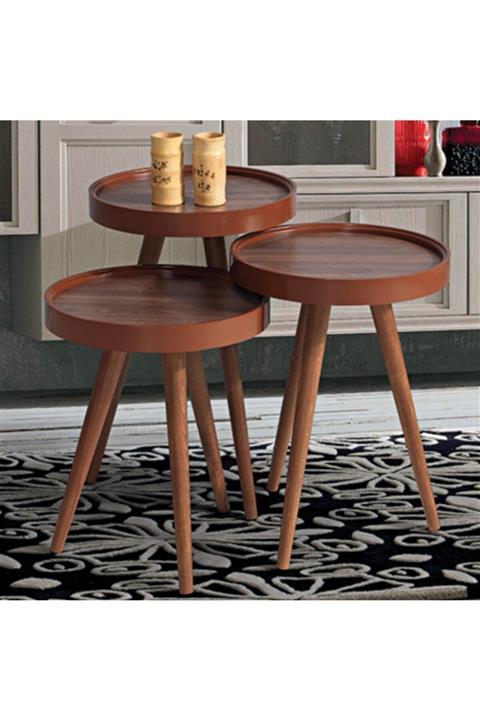 Grande Home 3'lü Ahşap Yuvarlak Zigon Sehpa Ceviz Polen C4