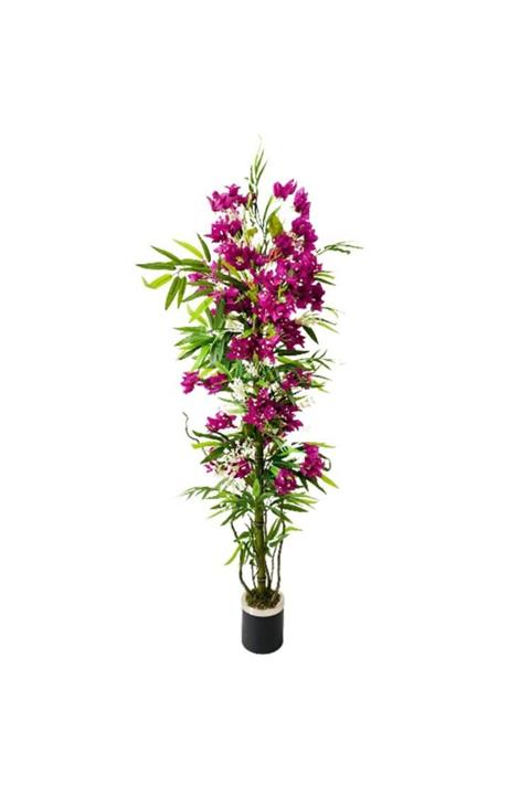 Hediye Vitrini Yapay Begonvil Ağacı Siyah Saksı Da Mor Begonvil Ve Bambu Yaprakları 125 Cm