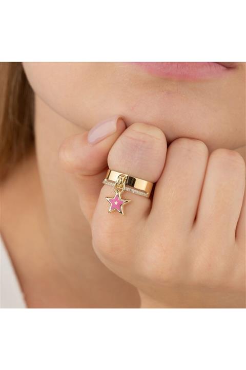 ELEF JEWELLERY Sıra Taşlı Sallantılı Yıldız Figürlü Mineli 14 Ayar Altın Yüzük Sarı 8