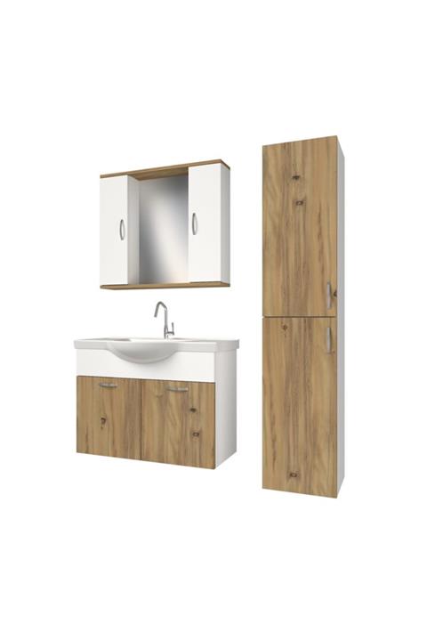 banos Kt2 Ayaksız 2 Kapaklı Lavabolu Ceviz Beyaz Mdf 80 Cm Banyo Dolabı Aynalı Üst Dolap Boy Dolabı