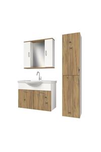 banos Kt2 Ayaksız 2 Kapaklı Lavabolu Ceviz Beyaz Mdf 80 Cm Banyo Dolabı Aynalı Üst Dolap Boy Dolabı