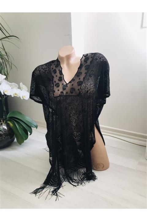 Fendimod Kadın Siyah Yanları Yırtmaçlı Püsküllü Pareo